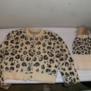 Leopard Print Cardigan and Beanie Set